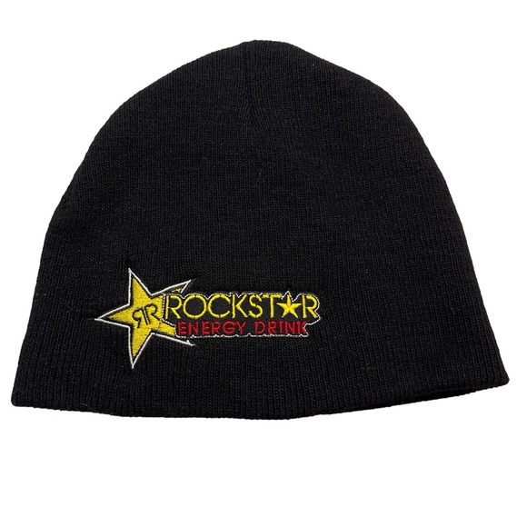 ROCKSTAR ENERGY DRINK BLACK PULL ON beanie knit CAP acrylic yellow red stitch OS - Picture 1 of 6